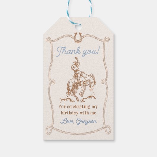 Westerne cowboy eerste rodeo 1e verjaardag cadeaulabel (Achterkant)