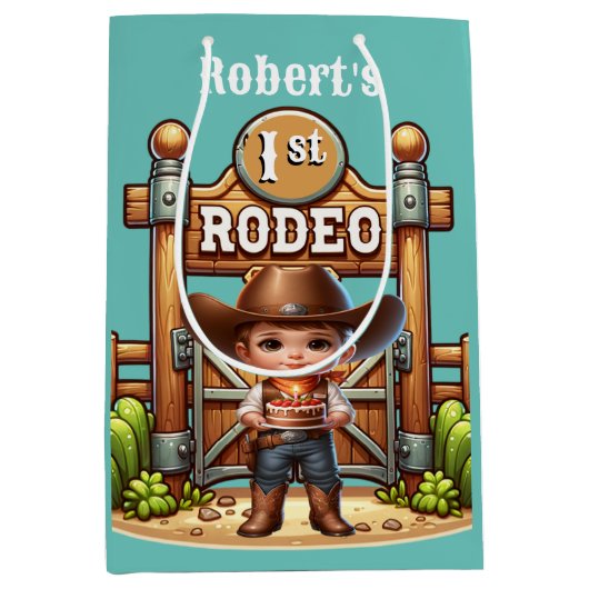 Westerne cowboy eerste rodeo verjaardag op maat medium cadeauzakje (Voorkant)