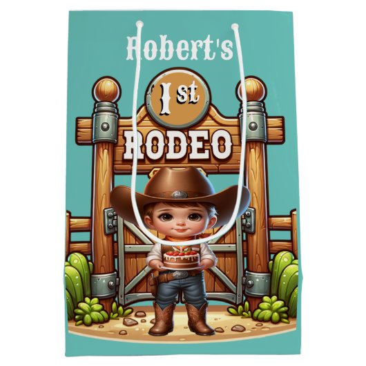 Westerne cowboy eerste rodeo verjaardag op maat medium cadeauzakje (Achterkant)