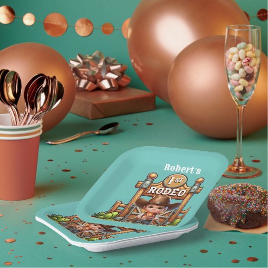 Westerne cowboy eerste rodeo verjaardag op maat papieren bordje (Multi)