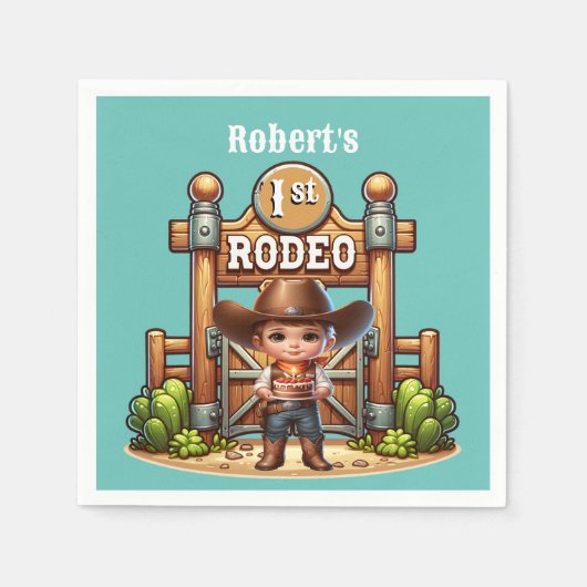 Westerne cowboy eerste rodeo verjaardag op maat servet (Voorkant)