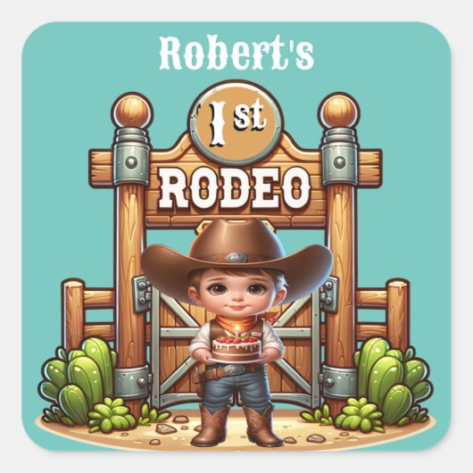 Westerne cowboy eerste rodeo verjaardag op maat vierkante sticker (Voorkant)