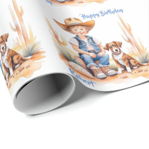 Westerne Cowboy en Dog Gepersonaliseerde Verjaarda Cadeaupapier