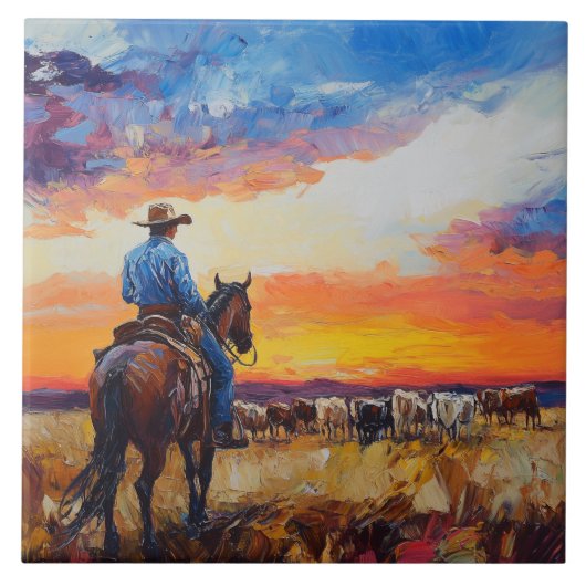Westerne Cowboy en Herd Tegel Trivet Tegeltje (Voorkant)