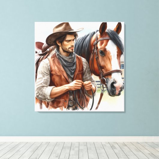 Westerne Cowboy en Horse Stretched Canvas (Insitu (Houten vloer))