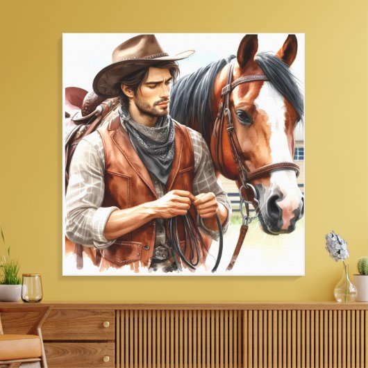 Westerne Cowboy en Horse Stretched Canvas Afdruk (Insitu (Woonkamer))