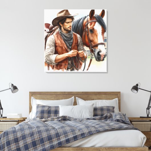 Westerne Cowboy en Horse Stretched Canvas Afdruk (Insitu (Slaapkamer))