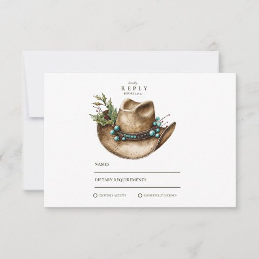 Westerne Cowboy kerstbruiloft RSVP Kaartje (Voorkant)