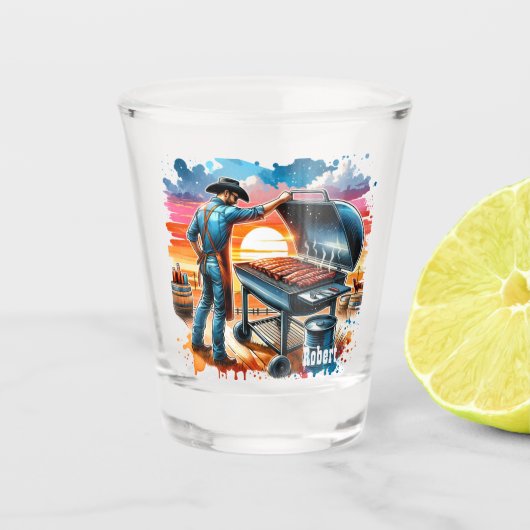 Westerne Cowboy Koken op BBQ Pit Custom Shot Glas (Voorkant)