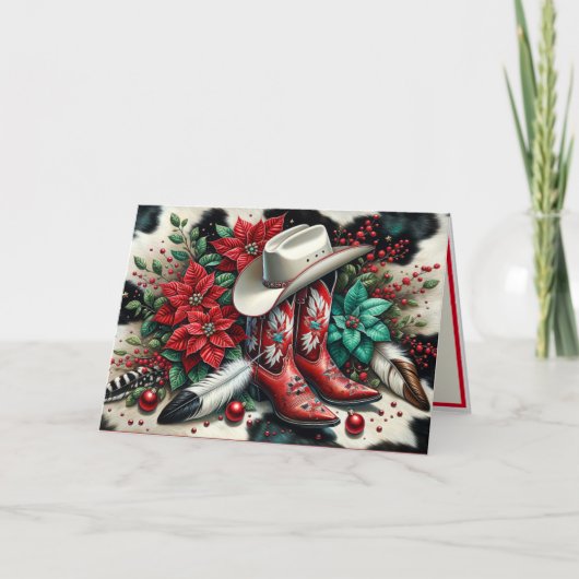 Westerne Cowboy Laarzen Bloemen Koeienhuid Kerst Kaart (Voorkant)