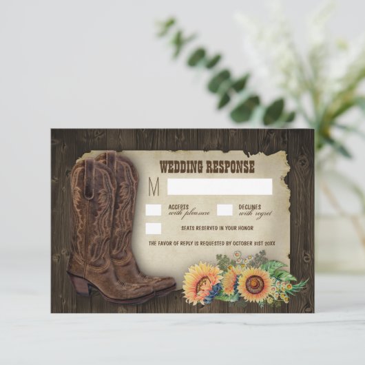 Westerne Cowboy Laarzen Zonnebloem bruiloft RSVP K (Staand voorkant)