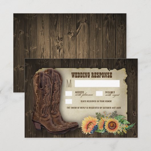 Westerne Cowboy Laarzen Zonnebloem bruiloft RSVP K (Voorkant / Achterkant)