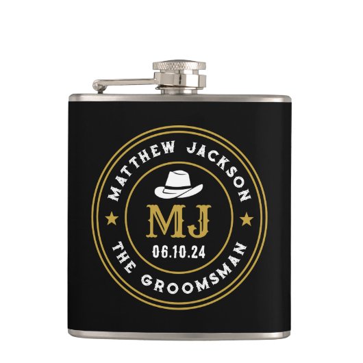 Westerne Cowboy Logo Gepersonaliseerde Groomsmen Heupfles (Voorkant)