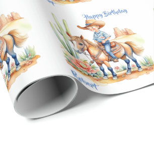 Westerne cowboy op paard gepersonaliseerde verjaar cadeaupapier