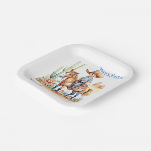 Westerne cowboy op paard gepersonaliseerde verjaar papieren bordje (Gebogen)