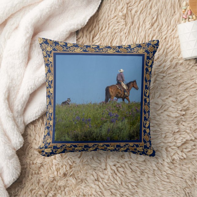Westerne cowboy op paard met Westerne hond-sierbla Kussen (Deken)