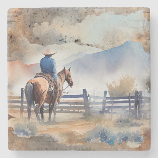Westerne cowboy op paard stenen onderzetter (Voorkant)