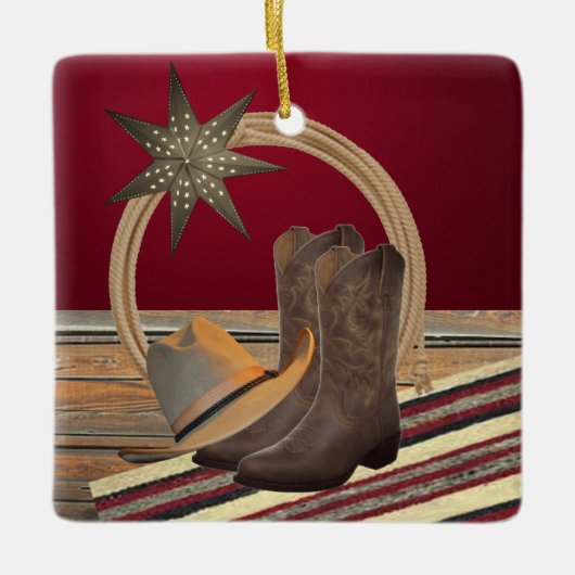 Westerne Cowboy Pet Boots Rope en Star Square Keramisch Ornament (Voorkant)