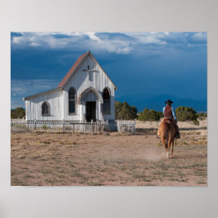 Westerne cowboy Riding Horse to Church Print