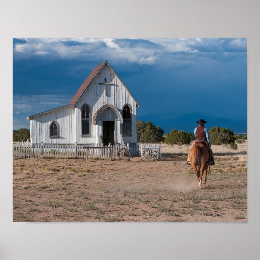 Westerne cowboy Riding Horse to Church Print (Voorkant)