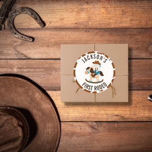 Westerne Cowboy Rocking Horse Boy Verjaardag Ronde Sticker