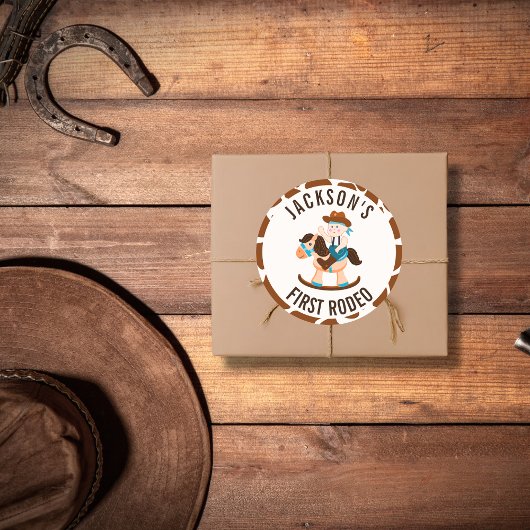 Westerne Cowboy Rocking Horse Boy Verjaardag Ronde Sticker