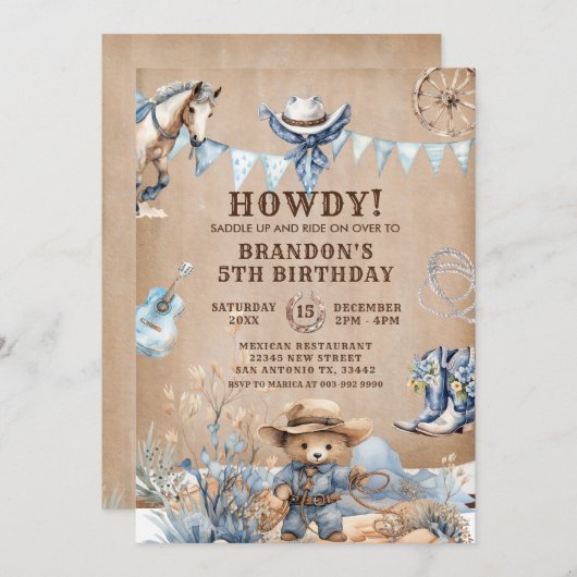 Westerne Cowboy Rodeo Kids Verjaardagsuitnodiginge Kaart (Voorkant / Achterkant)