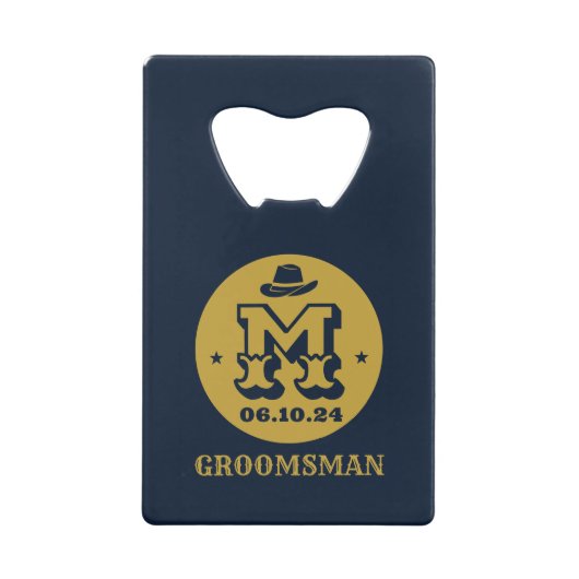 Westerne Cowboy Rustic Groomsmen Naam Monogram Creditkaart Flessenopener (Voorkant)