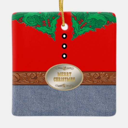 Westerne Cowboy Santa Belt Buckle Red Shirt Jeans Keramisch Ornament (Voorkant)