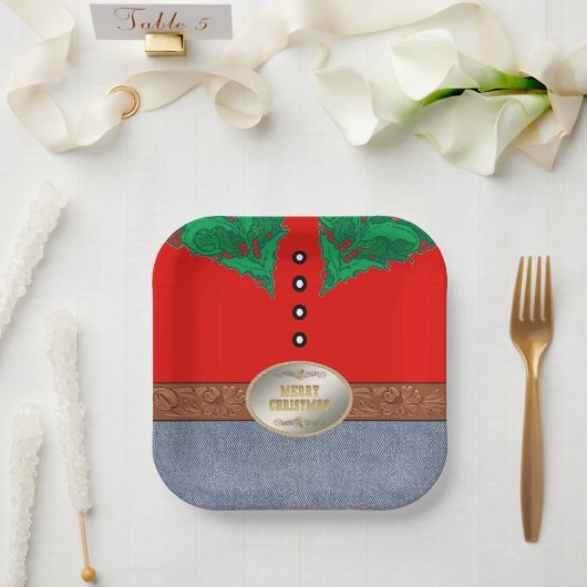 Westerne Cowboy Santa Belt Buckle Red Shirt Jeans Papieren Bordje (Huwelijk)