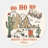 Westerne Cowboy Santa Merry Christmas Y'all Ronde Sticker (Voorkant)
