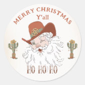 Westerne Cowboy Santa Merry Christmas Y'all Ronde Sticker (Voorkant)