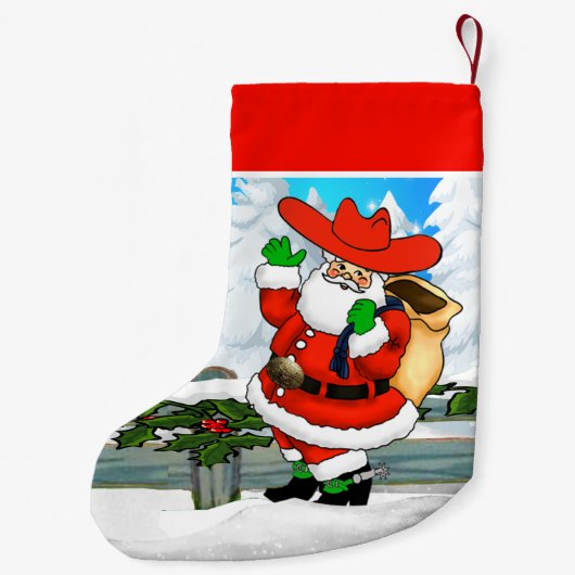 Westerne Cowboy Santa Winter Scene Kleine Kerstsok (Achterkant)