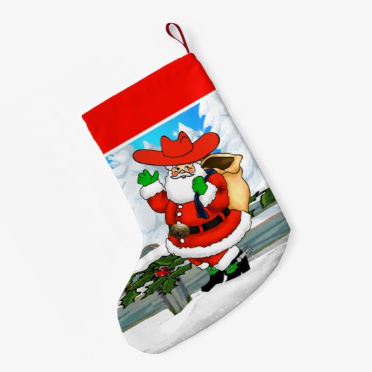 Westerne Cowboy Santa Winter Scene Kleine Kerstsok (Achterkant (Hangend))