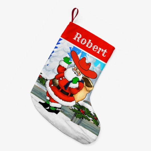 Westerne Cowboy Santa Winter Scene Kleine Kerstsok (Voorkant (Hangend))