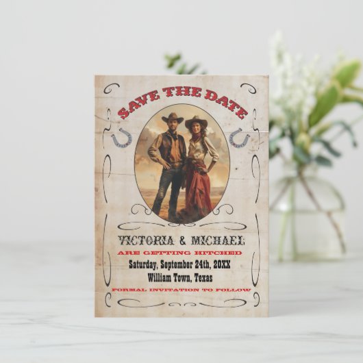 Westerne Cowboy Save the Date Kaart (Staand voorkant)