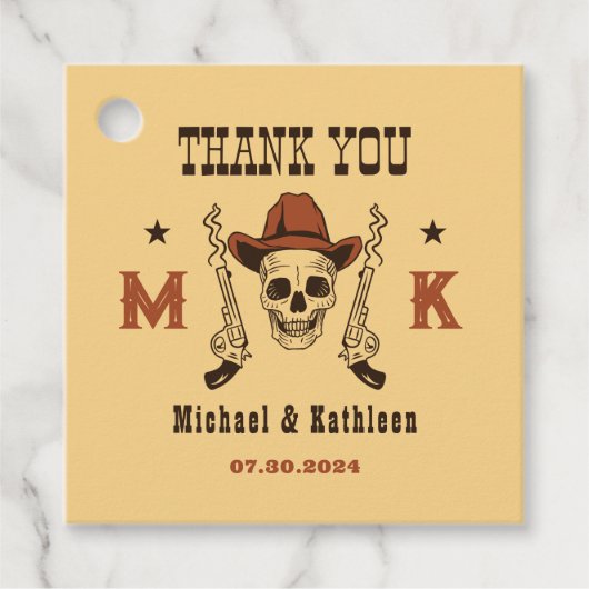 Westerne Cowboy Skull Monogram Land Weddenschap Bedankjes Labels (Voorkant)