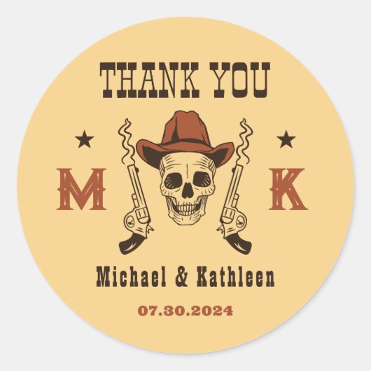 Westerne Cowboy Skull Monogram Land Weddenschap Ronde Sticker (Voorkant)