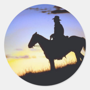 Westerne Cowboy Sunset Silhouette Ronde Sticker