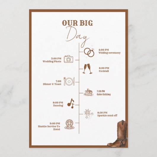 Westerne Cowboy trouwdag Evenementen Tijdlijn Programmakaart (Achterkant)