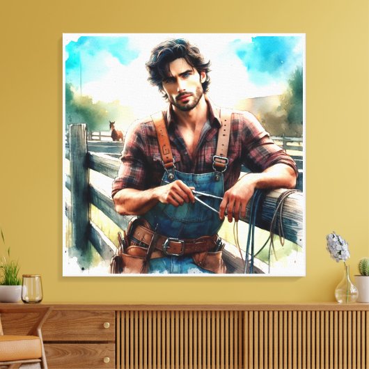 Westerne Cowboy Waterverf Uitgerekt Canvas Print (Insitu (Woonkamer))