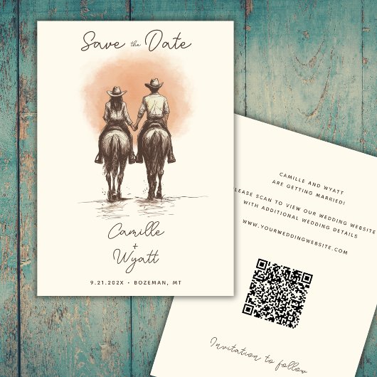 Westerne Cowboy Wedding Save the Date QR Code Kaart