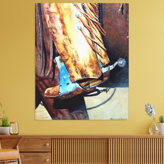 Westerne cowboylaars en rodeo-paard, cartooned canvas afdruk (Insitu (Woonkamer))