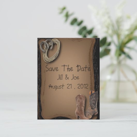 westerne cowboylaarzen bruiloft bewaar de datum aankondigingskaart (Staand voorkant)