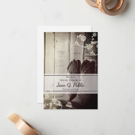 Westerne cowboylaarzen delen herinnering begrafeni notitiekaartje (Voorkant / Achterkant in situ)