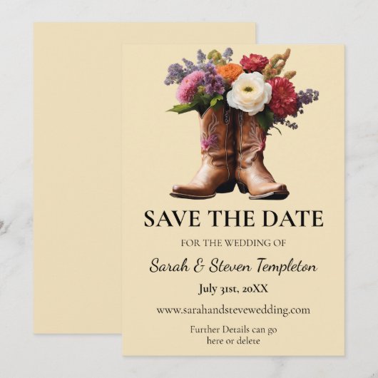 Westerne Cowboylaarzen Floral Elegant Country Boer Save The Date (Voorkant / Achterkant)