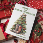 Westerne cowboylaarzen kerstboom feestdagenkaart<br><div class="desc">Dit ontwerp werd gecreeerd door digitale kunst. Het kan op het gebied worden gepersonaliseerd dat door de foto en/of de tekst te veranderen wordt verstrekt. Of het kan worden aangepast door de klik te kiezen om de andere optie aan te passen en de kleur op de achtergrond te verwijderen of...</div>