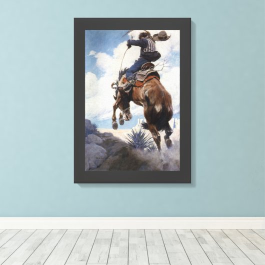  Westerne cowboys, Bucking by NC Wyeth Canvas Afdruk (Insitu (Houten vloer))