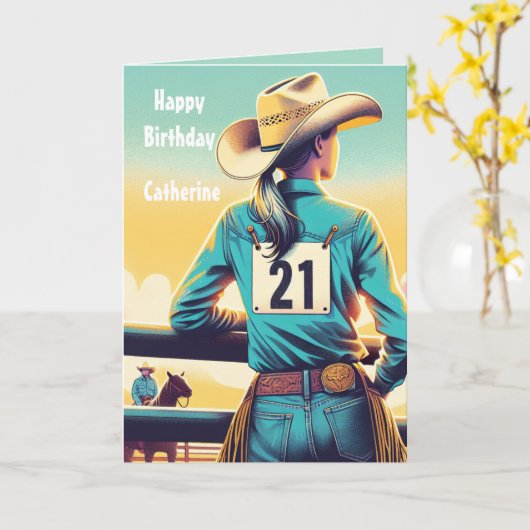 Westerne Cowgirl 21st Verjaardag Rodeo Custom Kaart (Gele Bloem)