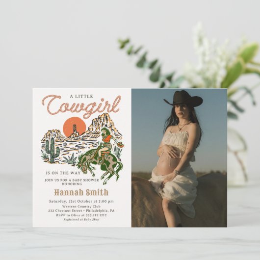 Westerne Cowgirl Baby shower Fotouitnodiging Kaart (Staand voorkant)
